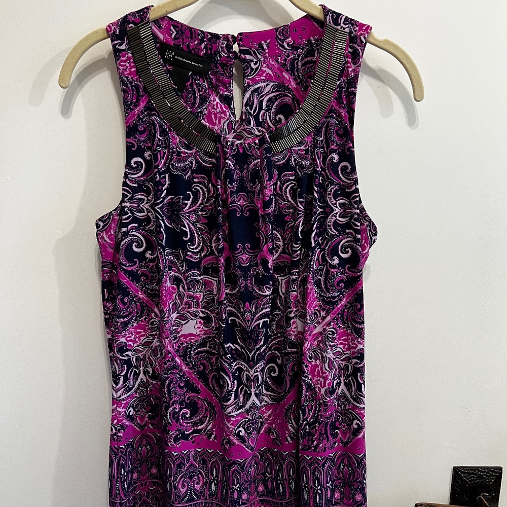 INC International Concepts Beaded Fushia/Navy/White Print Tank Top-M